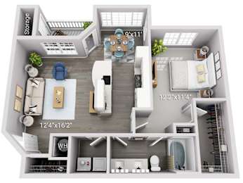 A 3D floor plan of a house with a living room, kitchen, and bathroom.