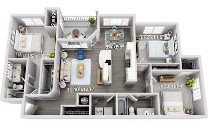 A 3D floor plan of a house with labeled dimensions.