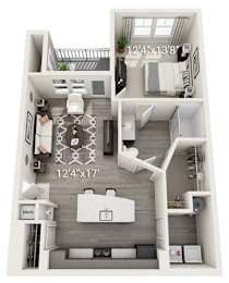 A floor plan of a small apartment with a kitchen, living room, and bedroom.