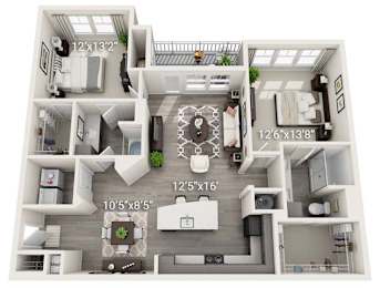 A 3D floor plan of a house with labeled dimensions.