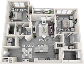A 10'5"x8'5" living space with a kitchen, dining area, and a bathroom.
