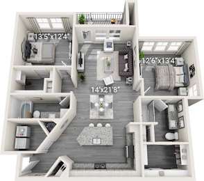 A 3D floor plan of a two-bedroom apartment with dimensions and furniture layout.