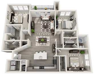 A 3D floor plan of a house with labeled dimensions.