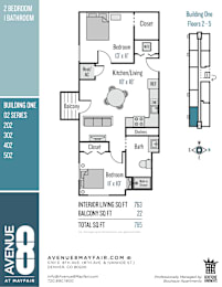 A floor plan for a 2 bedroom, 1 bathroom apartment from Building One, Floor 2-5.