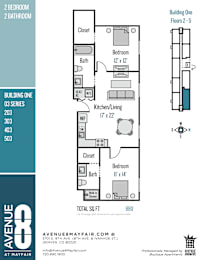 A floor plan for a building with two bedrooms and two bathrooms.