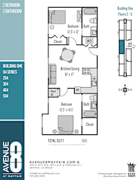 A floor plan for a 960 square foot apartment with two bedrooms and two bathrooms.