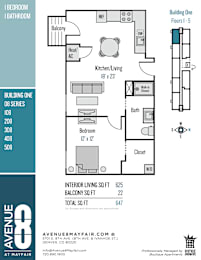 A floor plan for Building One, Floor 1-5, showing the layout of the bedroom, bathroom, kitchen, living room, and closet.