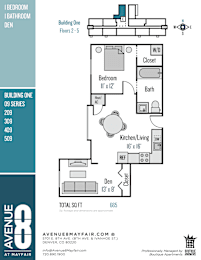 A floor plan for Building One, Den, showing a bedroom, bathroom, kitchen, and living room.