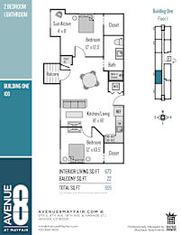 A floor plan for Building One, Floor 1, shows a 2 bedroom, 1 bathroom apartment with a total size of 695 square feet.