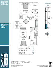 A floor plan for a 2 bedroom, 1 bathroom apartment.