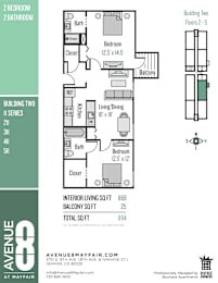 A floor plan for a building with two bedrooms and two bathrooms.