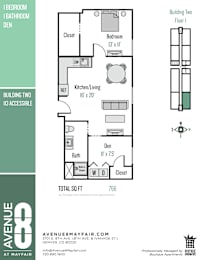 A floor plan for a building with a total square footage of 766.