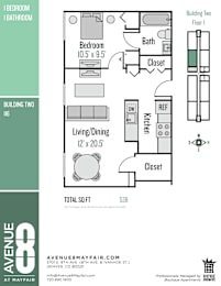 A floor plan for a 538 square foot apartment at Avenue 8 at Mayfair.