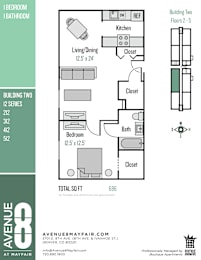 A floor plan for a 686 square foot apartment at Avenue 8 at Mayfair.