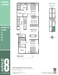 A floor plan for a 2 bedroom, 2 bathroom apartment with a total square footage of 766.