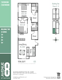 Floor plan for a 2 bedroom, 2 bathroom apartment.