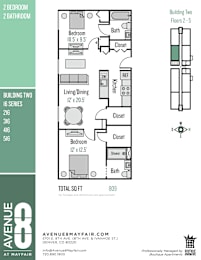 A floor plan for an apartment at Avenue M Fair, showing a living room, two bedrooms, a bathroom, and a kitchen.