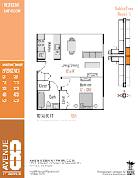 A floor plan for Building Three, a 559 square foot property at Avenue 8 Mayfair.