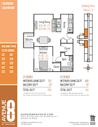 A floor plan for an apartment complex with three bedrooms and two bathrooms.