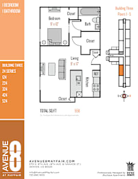 A floor plan for Building Three, a 24-story apartment complex, is shown along with the apartment's address and contact information.
