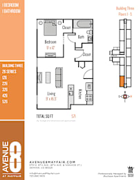 A floor plan for an apartment building with three bedrooms and a total of 571 square feet.