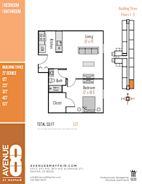 A floor plan for an apartment at Avenue Mayfair shows a living room, kitchen, and bathroom.