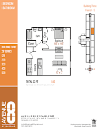 A floor plan for an apartment in Building Three with a total of 545 square feet.