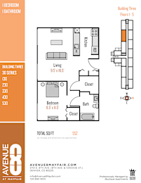 A floor plan for an apartment at Avenue Mayfair shows a living room, a bedroom, a bathroom, a kitchen, and a closet.