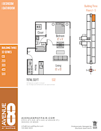 A floor plan for Building Three with a living room, bedroom, bathroom, and closet.