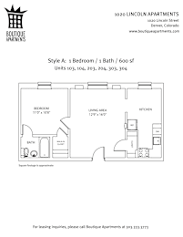 Floor plan for a 1 Bedroom / 1 Bath apartment.