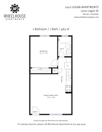 A floor plan for a 1 bedroom/bath apartment at Wheelhouse Apartments.