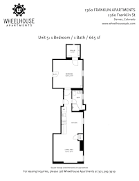 A floor plan for a 665 square foot apartment with one bedroom and one bath.