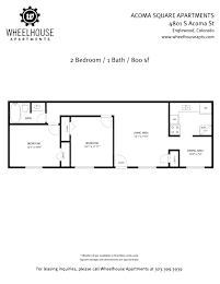 A floor plan for a 2 bedroom, 1 bath apartment at Wheelhouse Apartments.