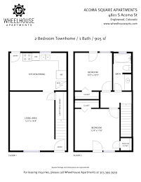 A floor plan for a 2 bedroom townhome with 1 bath.