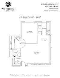 A floor plan for a 1 bedroom/bath apartment at Admiral Apartments.