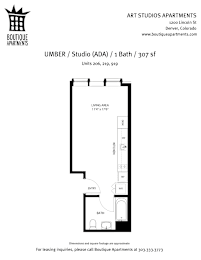 A floor plan for a 1 bedroom apartment at Art Studios Apartments.