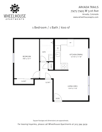 A floor plan for a one bedroom apartment at Wheelhouse Apartments.