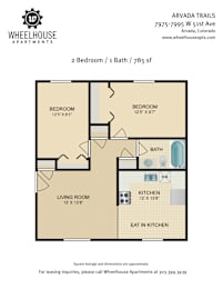 A floor plan for a 2 bedroom, 1 bath apartment at Arvada Trails.