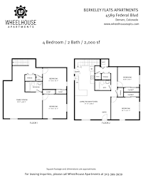 A floor plan for a 4 bedroom, 2 bathroom apartment with 2,000 square feet.
