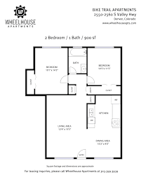 A floor plan for a 2 bedroom, 1 bath apartment with 900 square feet.