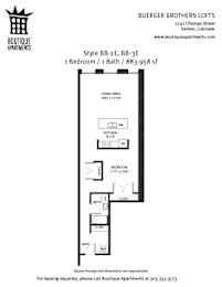 A black and white image of a floor plan for a 1 bedroom, 1 bath apartment.