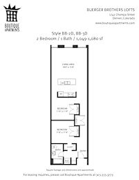 A floor plan for a 2 bedroom, 1 bath apartment at Boutique Apartments.