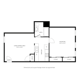 A floor plan of a small apartment with a living/dining area, two closets, a bathroom, and a bedroom.