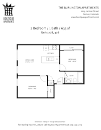 A floor plan for a 2 Bedroom / 1 Bath apartment at The Burlington Apartments.