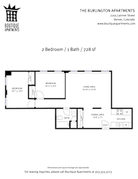 Floorplan for The Burlington showing 2 bedrooms and 1 bath at 728sf