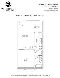 Floor plan for a one bedroom apartment with a bath.