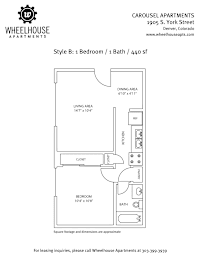 A floor plan for a 440 square foot apartment with one bedroom and one bath.