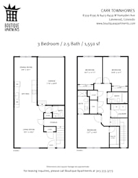 A floor plan for a 3 bedroom, 2.5 bath, 1,550 square foot apartment.