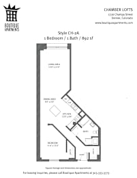 A drawing of an apartment layout for lease by Boutique Apartments.