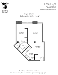 A floor plan for a 1 Bedroom / 1 Bath / 742 sqf apartment.
